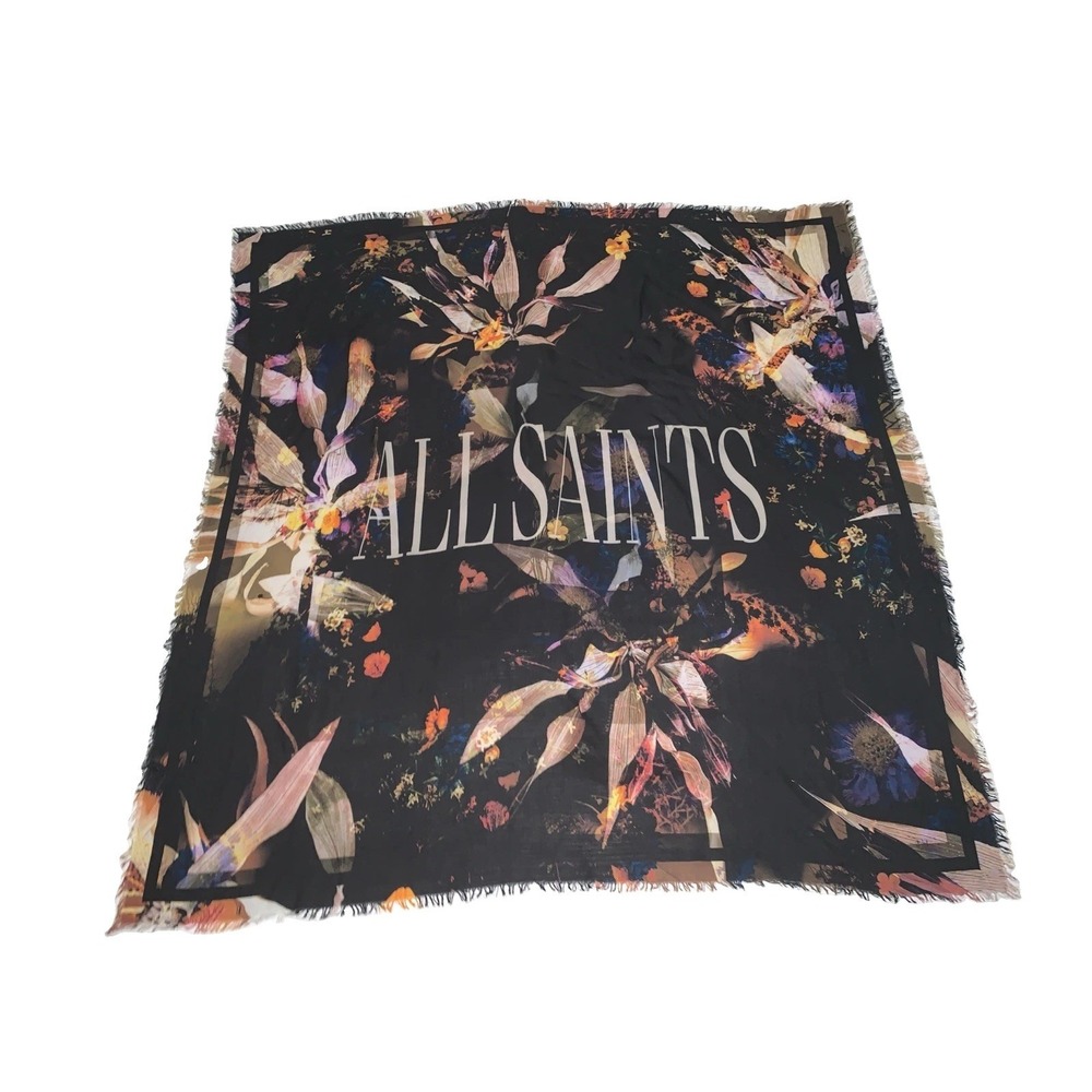AllSaints Silk Scarf Floral Black 36x38 Logo Fringe Oversized Shawl Boho Chic